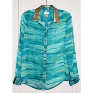 Chico’s Sequin Collar Blouse Size 0 (Small) Teal Flowy Top